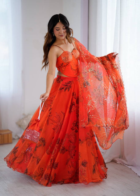 Orange Organza Corset Blouse Lehenga with Dupatta and Potli Bag