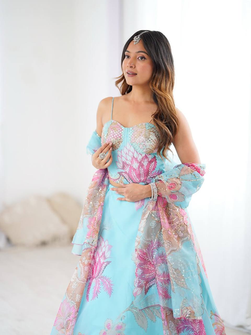 Sky Blue Organza Corset Blouse Lehenga with Dupatta and Purse