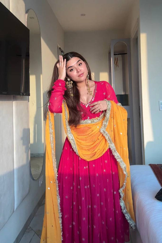 Elegant Pink Georgette Anarkali Set with Dupatta Border Work