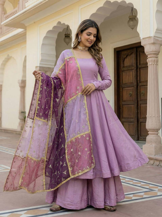 Lavender Silk Anarkali Suit with Embroidered Multi-Shade Dupatta
