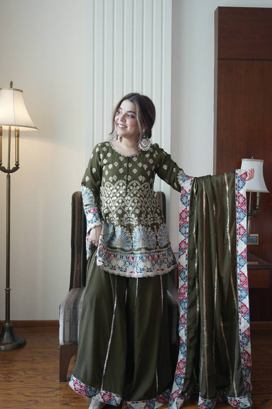 Olive Green Chinon Sharara Suit with Heavy Sequence Embroidery & Designer Dupatta