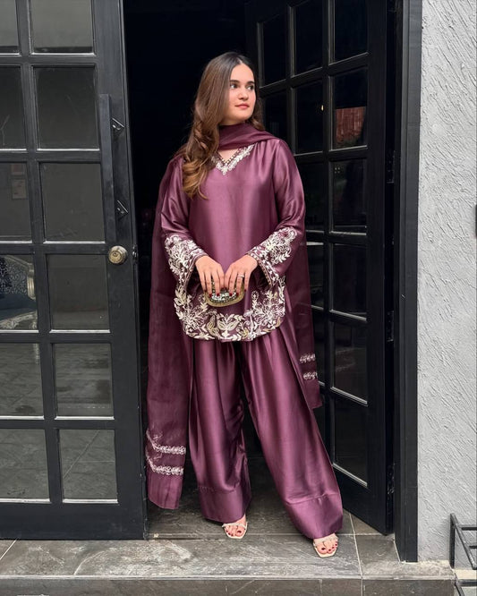 Designer Ethnic Wine Purple Farshi Salwar Suit with Embroidery Work