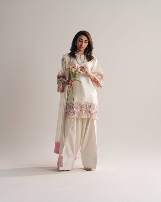 Off White Crepe Silk Farshi Salwar Suit with Pink Embroidery & Organza Dupatta