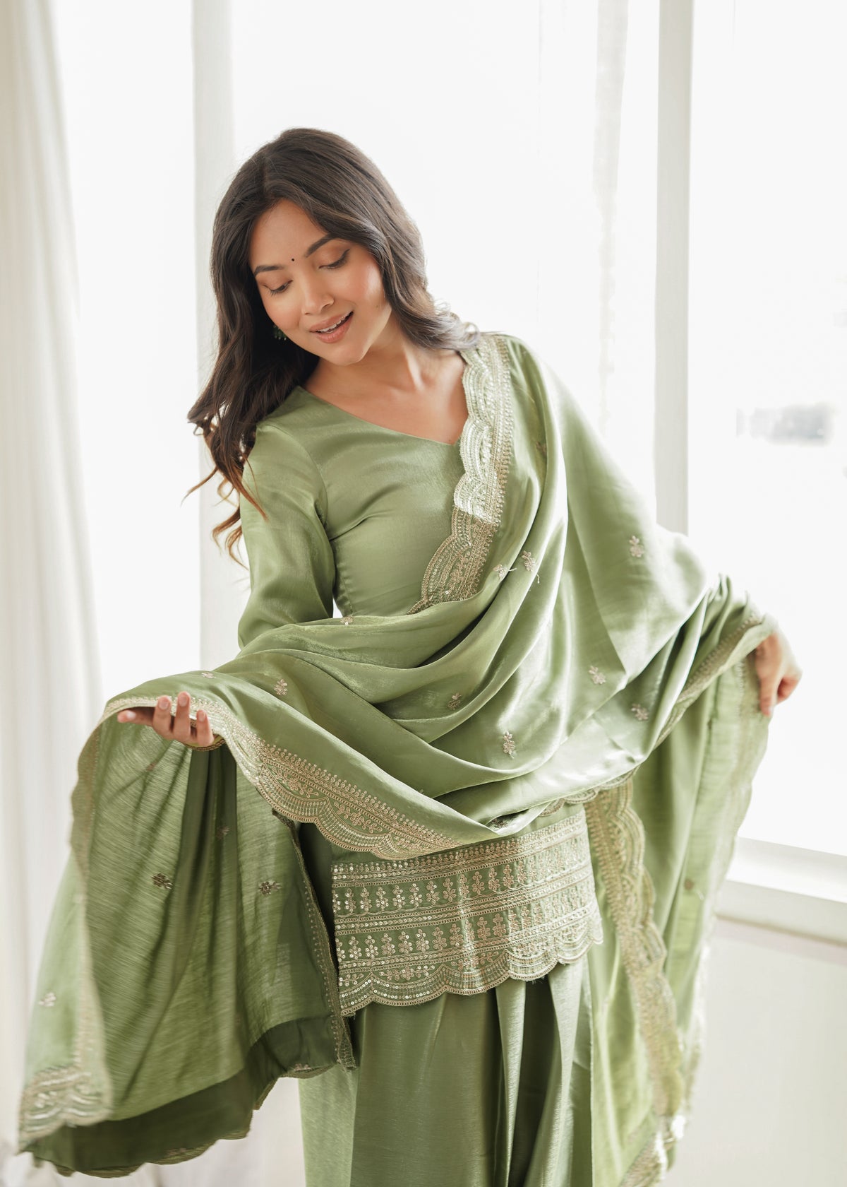 Sage Green Silk Farshi Salwar Suit with Embroidered Kurti & Dupatta