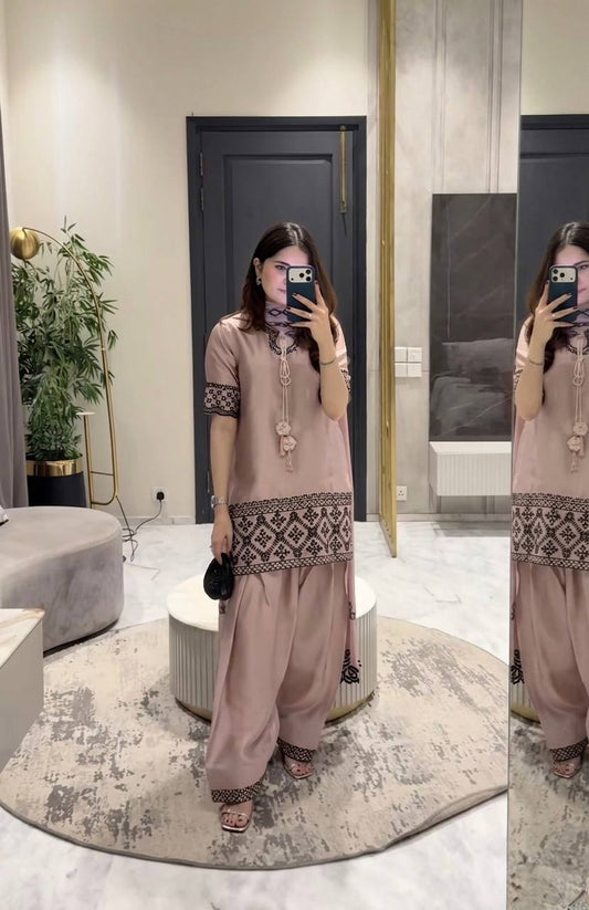 Blush Pink Silk Farshi Salwar Suit with Black Embroidery Work & Dupatta