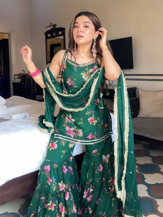 Green Floral Printed Georgette Sharara Set with Dupatta