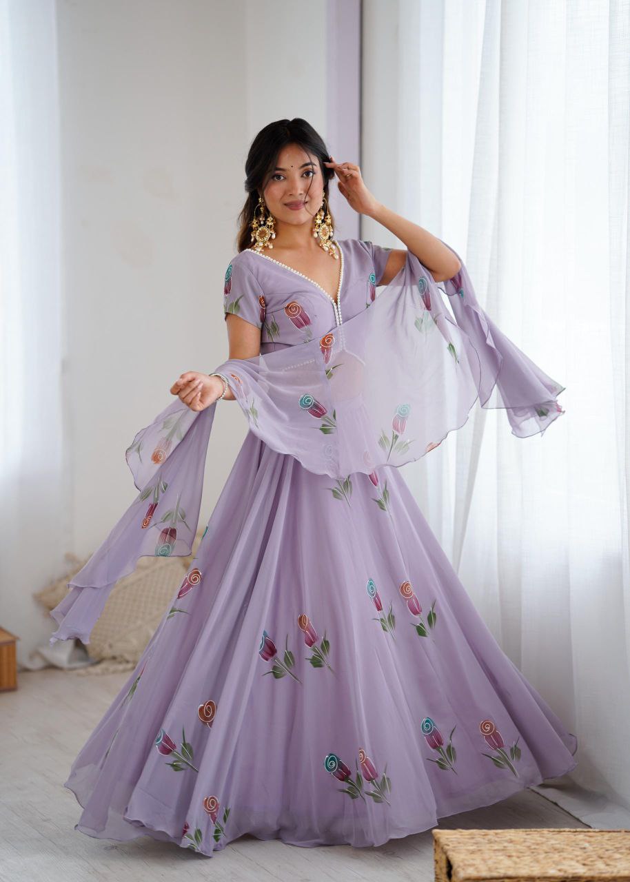 Lavender Floral Embroidered Soft Georgette Lehenga Choli Set