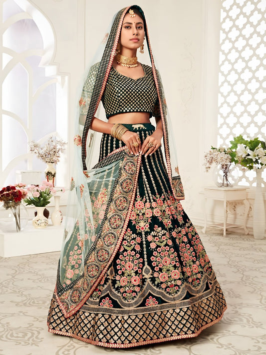 Designer Bridal Dark Green Floral Embroidered Velvet Lehenga Choli