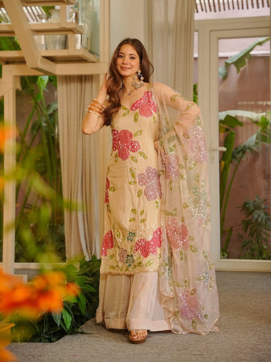Elegant Organza Silk Floral Printed Kurti Palazzo Set with Dupatta