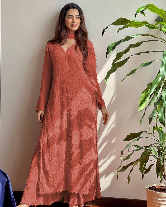 Designer Soft Pink Thread Work Kurta with Palazzo