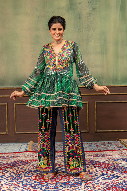 Green Bandhani Print Kutchi Gamthi Patchwork Top with Embroidered Denim Palazzo