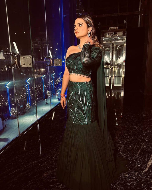 Emerald Green Indo Western One Shoulder Sequins Outfit with Ruffle Dupatta