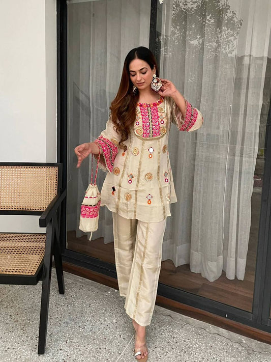 Ivory Embroidered Kurti Palazzo Set with Real Mirror Work