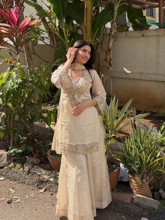 Designer Ivory Ethnic Sharara Set for Wedding & Festive Wear