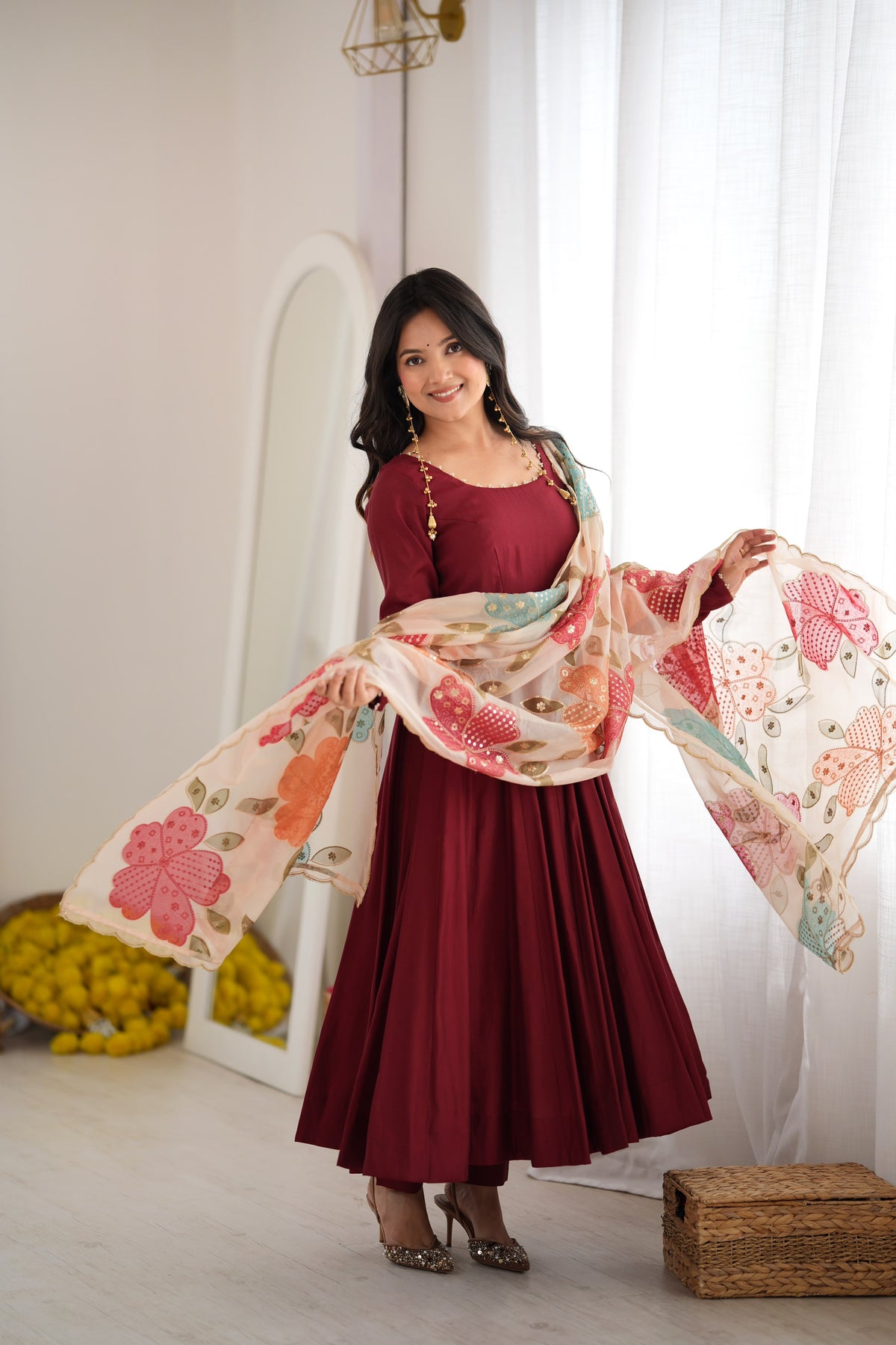 Teal Blue Silk Anarkali Suit with Floral Printed Dupatta