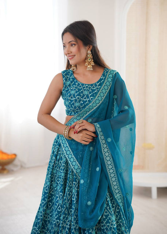 Teal Blue Embroidered Georgette Lehenga Choli with Dupatta