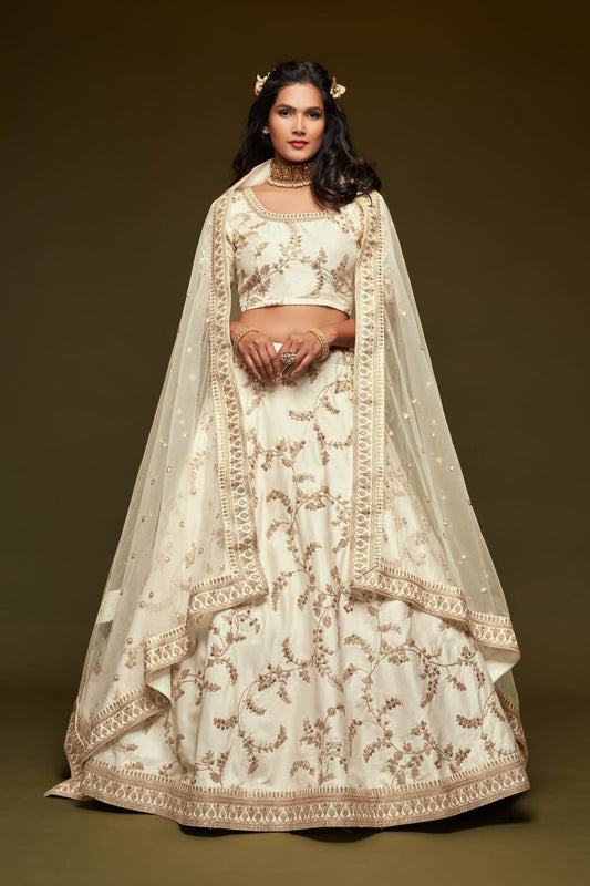 Ivory White Embroidered Bridal Lehenga with Net Dupatta