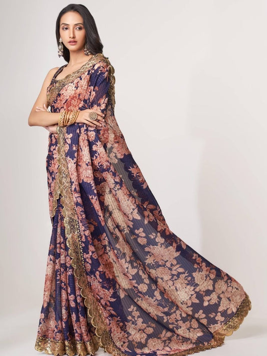 Navy Blue Floral Designer Saree with Golden Embroidery