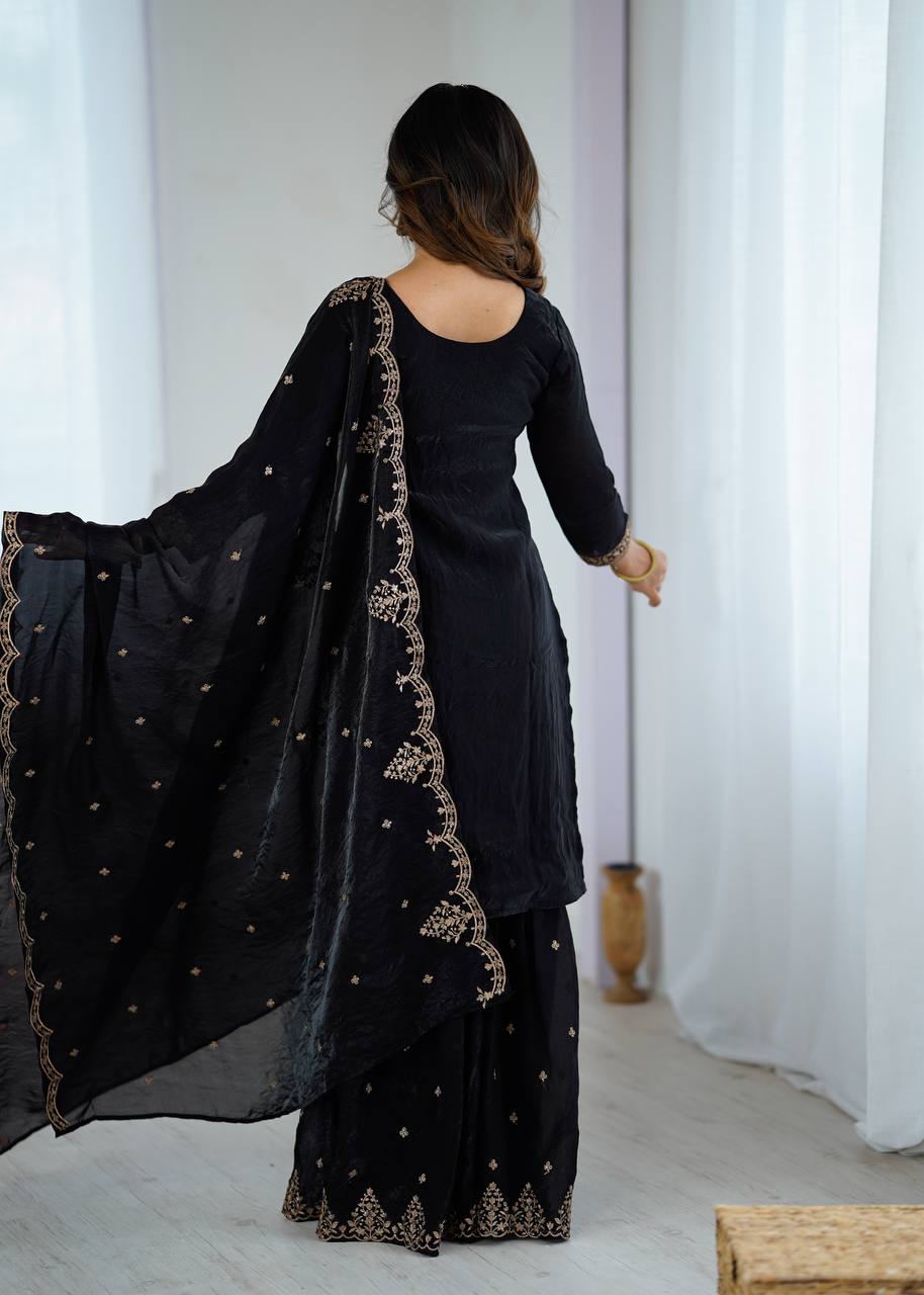 Party Wear Indian Black Embroidered Sharara Suit with Dupatta