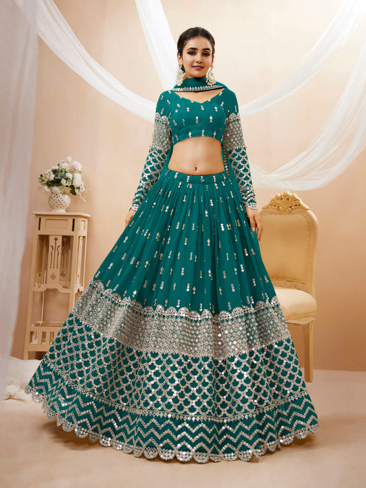 Teal Green Sequins Zari Embroidered Work Lehenga Choli Set for wedding and reception