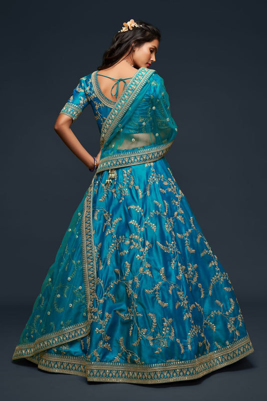 Turquoise Blue Embroidered Lehenga Choli with Dupatta