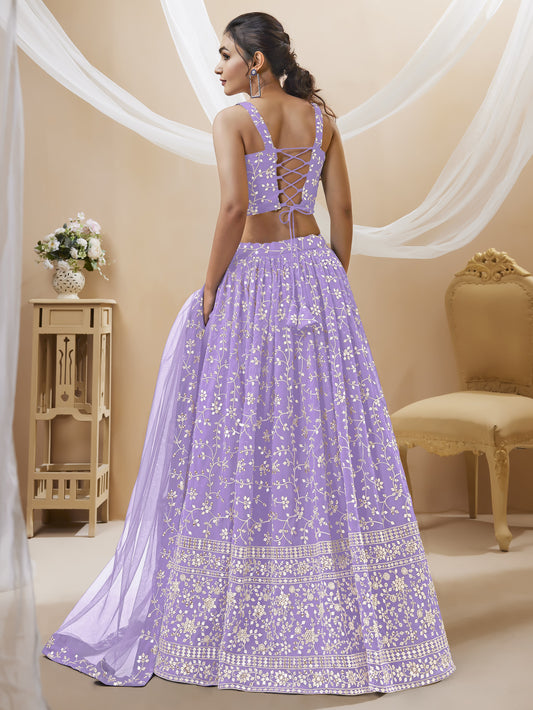 Lavender Zari Embroidered Georgette Lehenga Choli Set for Wedding