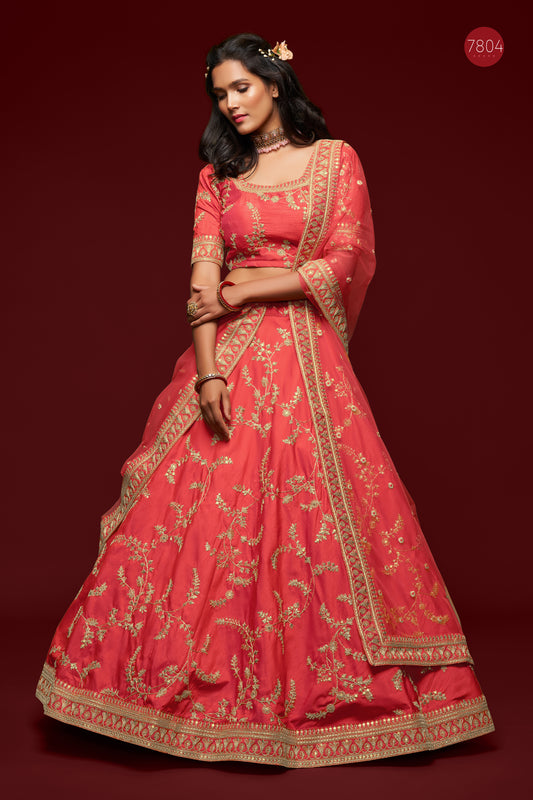 Coral Red Bridal Embroidered Lehenga Choli with Net Dupatta