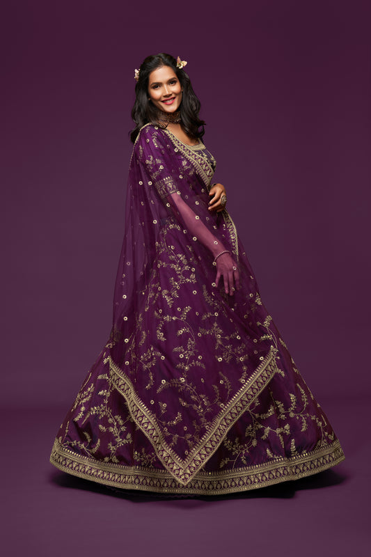 Plum Purple Bridal Embroidered Lehenga Choli with Net Dupatta