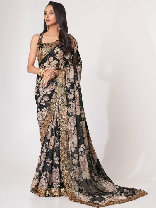 Elegant Black Floral Designer Saree with Golden Embroidery