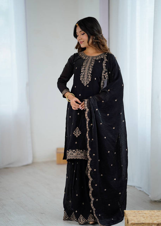 Party Wear Indian Black Embroidered Sharara Suit with Dupatta