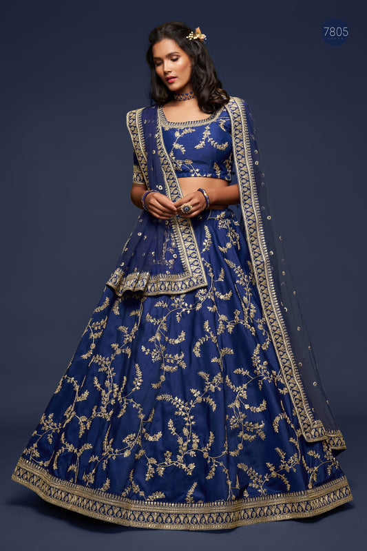 Royal Blue Embroidered Lehenga Choli Set with Net Dupatta