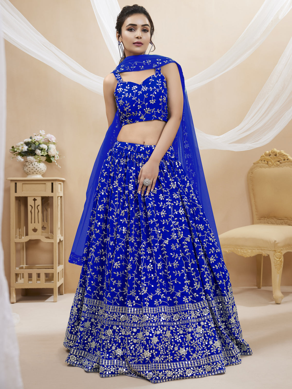 Royal Blue Embroidered Georgette Lehenga Choli with Dupatta for party