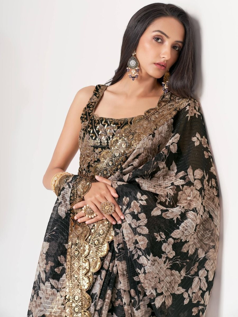 Designer Style Black Embroidered Wedding Saree