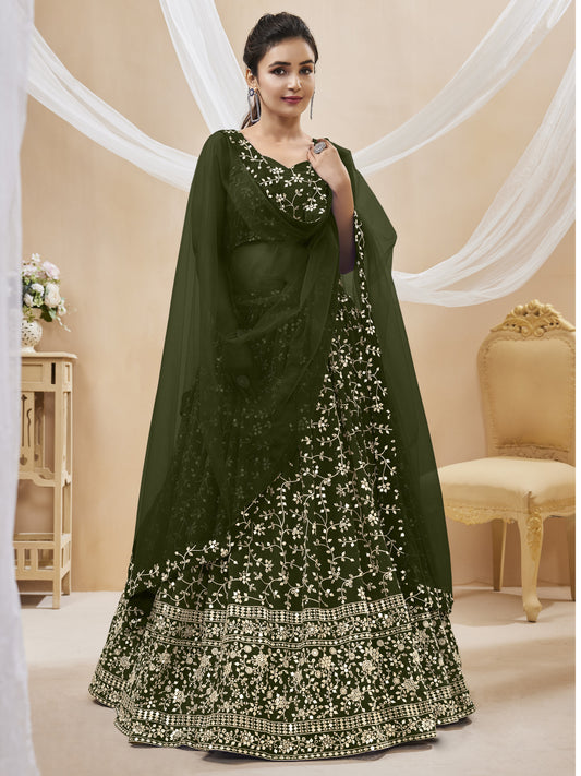 Olive Green Zari Embroidered Lehenga Choli Set in Georgette for Wedding