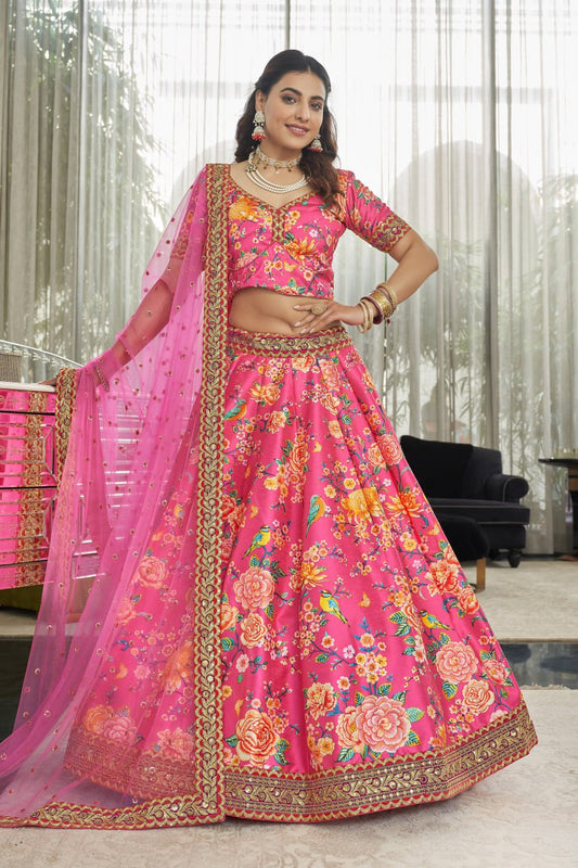 Hot Pink Floral Print Lehenga Choli with net Dupatta