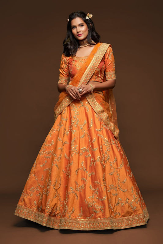 Sunset Orange Zari Embroidered Lehenga Choli with Dupatta