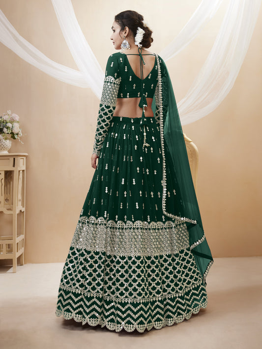 Dark Green Sequins Zari Embroidered Work Lehenga Choli Set for wedding and reception