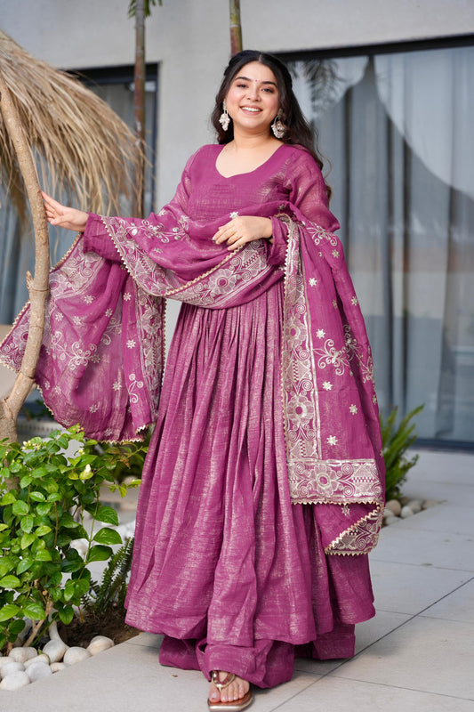 Designer Purple Long Anarkali Gown Set with Embroidered Dupatta