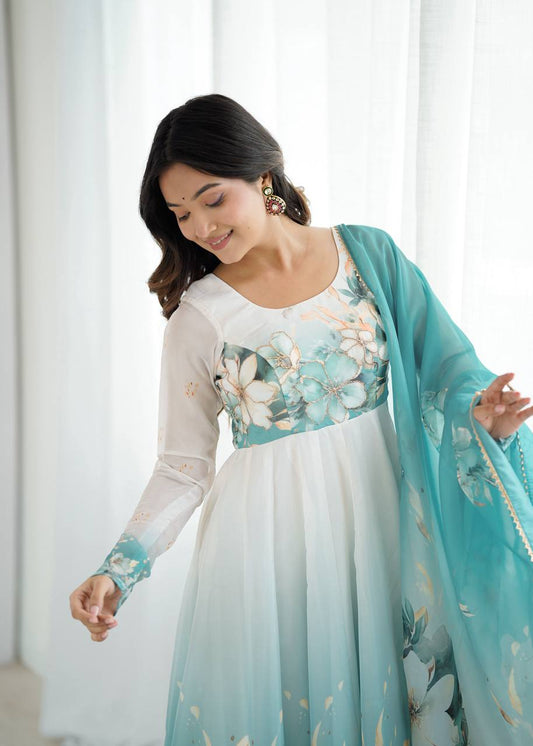 Elegant Printed Party Wear Aqua Blue Floral Anarkali Suit with Dupatta