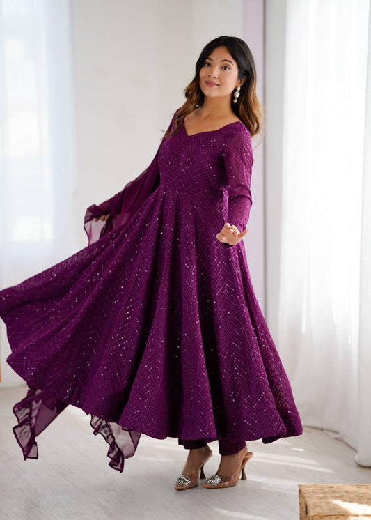 Partywear Plum Sequin Embellished Gown with Ruffle Dupatta