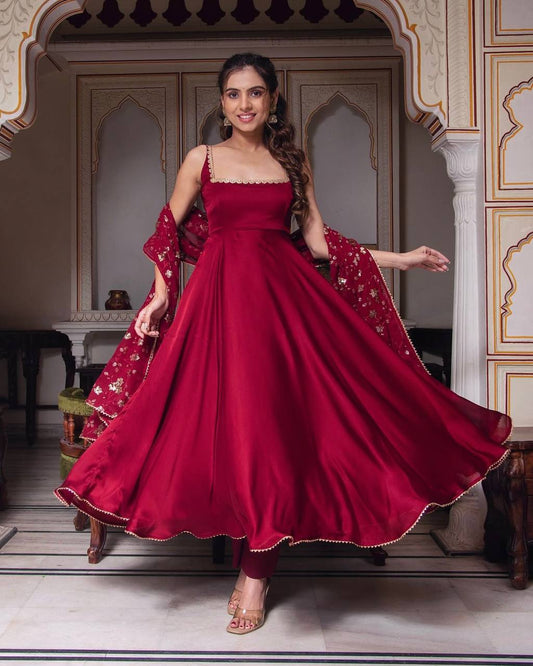 Partywear Maroon Sequin Embroidered Gown with Dupatta