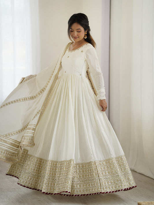 Royal White Anarkali Gown with Gold Embroidery