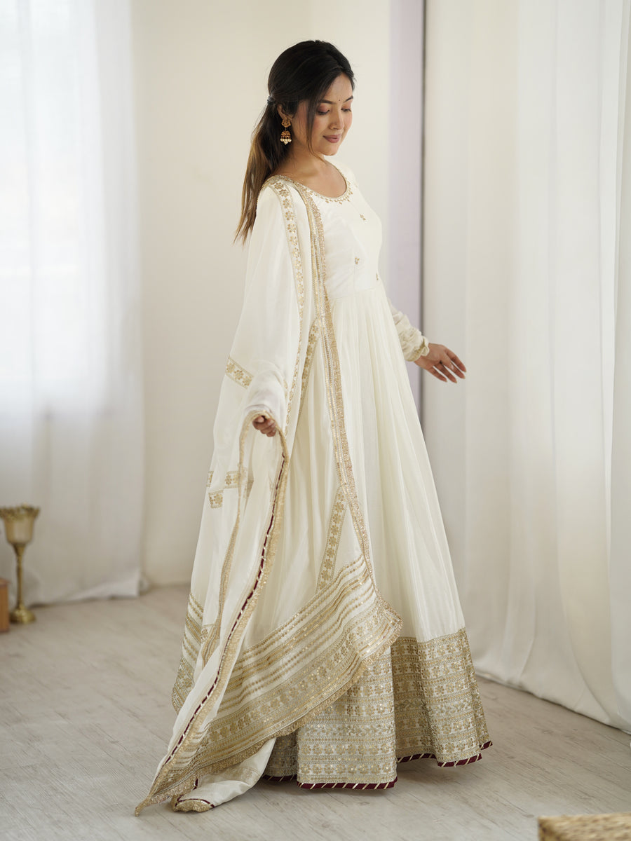Royal White Anarkali Gown with Gold Embroidery L