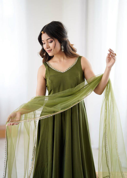Elegant Party Wear Olive Green Anarkali Suit with Net Dupatta