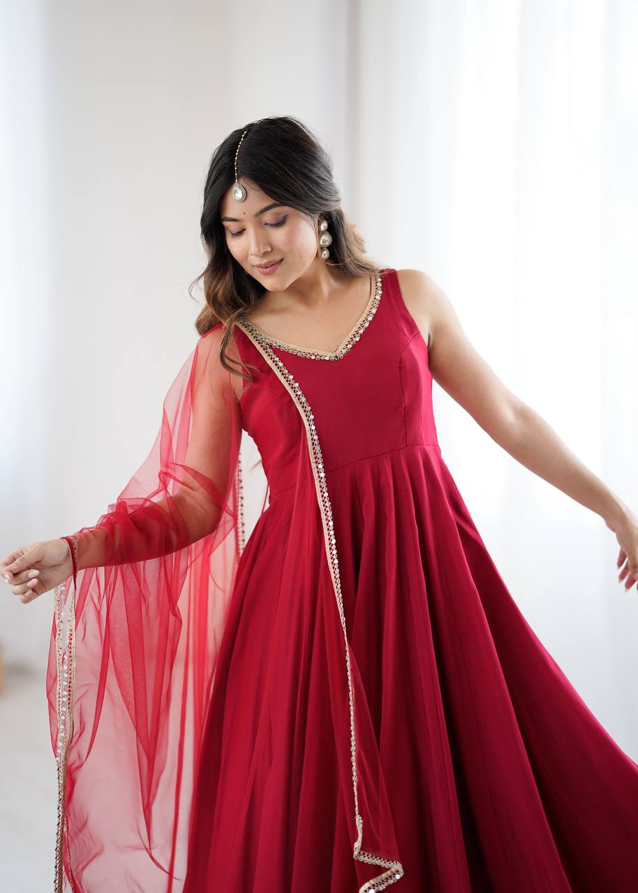 Designer Maroon Anarkali Gown with Net Dupatta