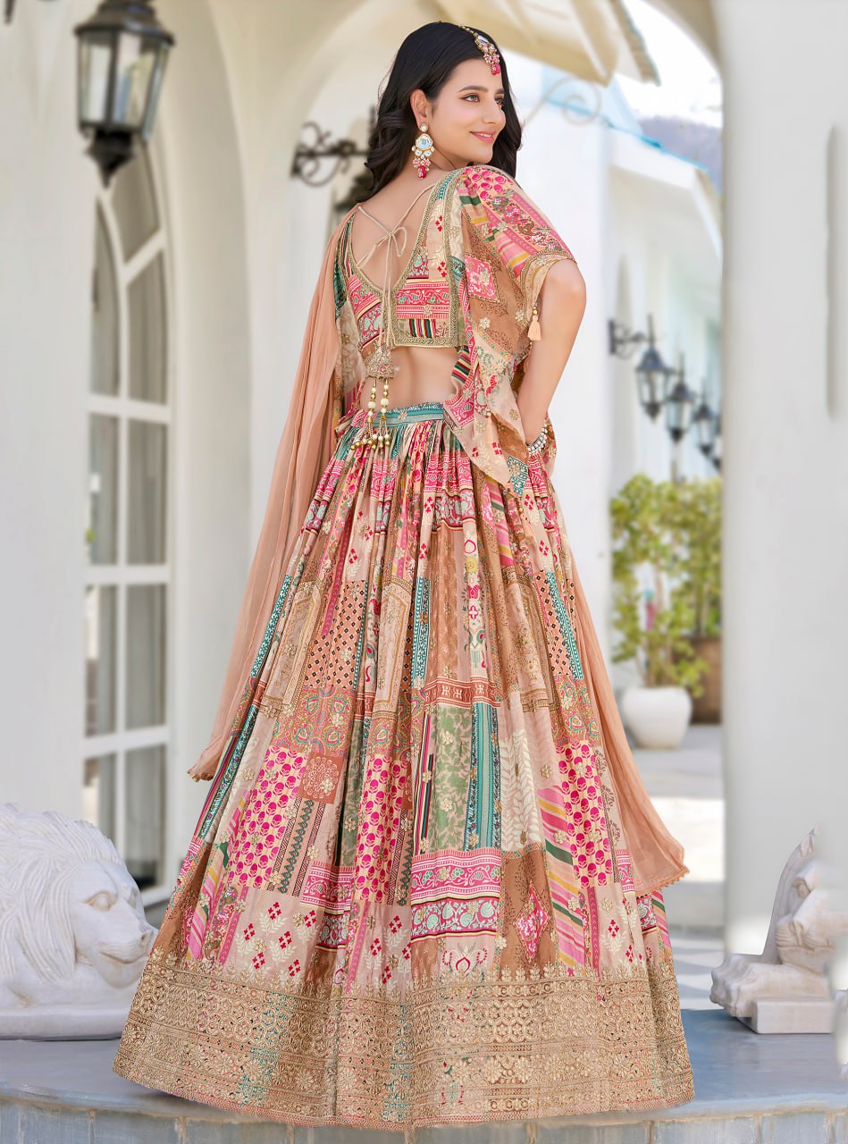Beige Multicolor Printed and Embroidered Designer Lehenga Choli with Dupatta