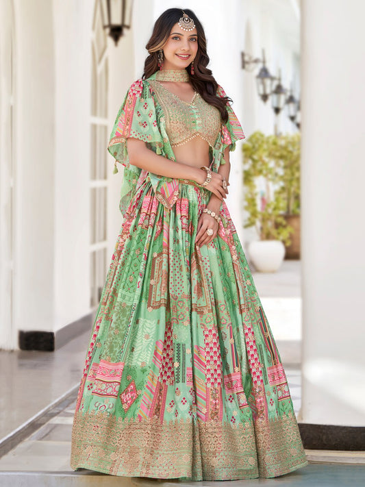 Green and Pink Printed Designer Lehenga Choli with Embroidered Blouse and Dupatta