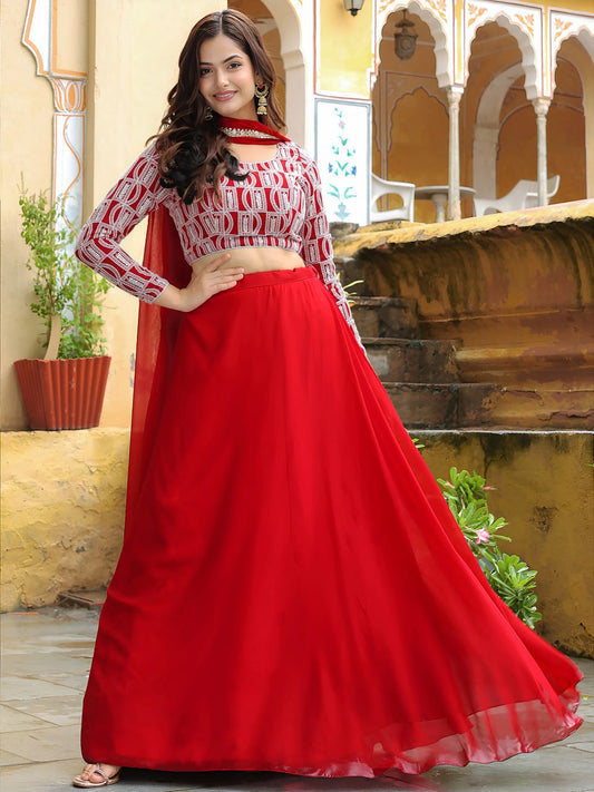Stunning Red Designer Lehenga Choli with Embroidered Blouse and Dupatta
