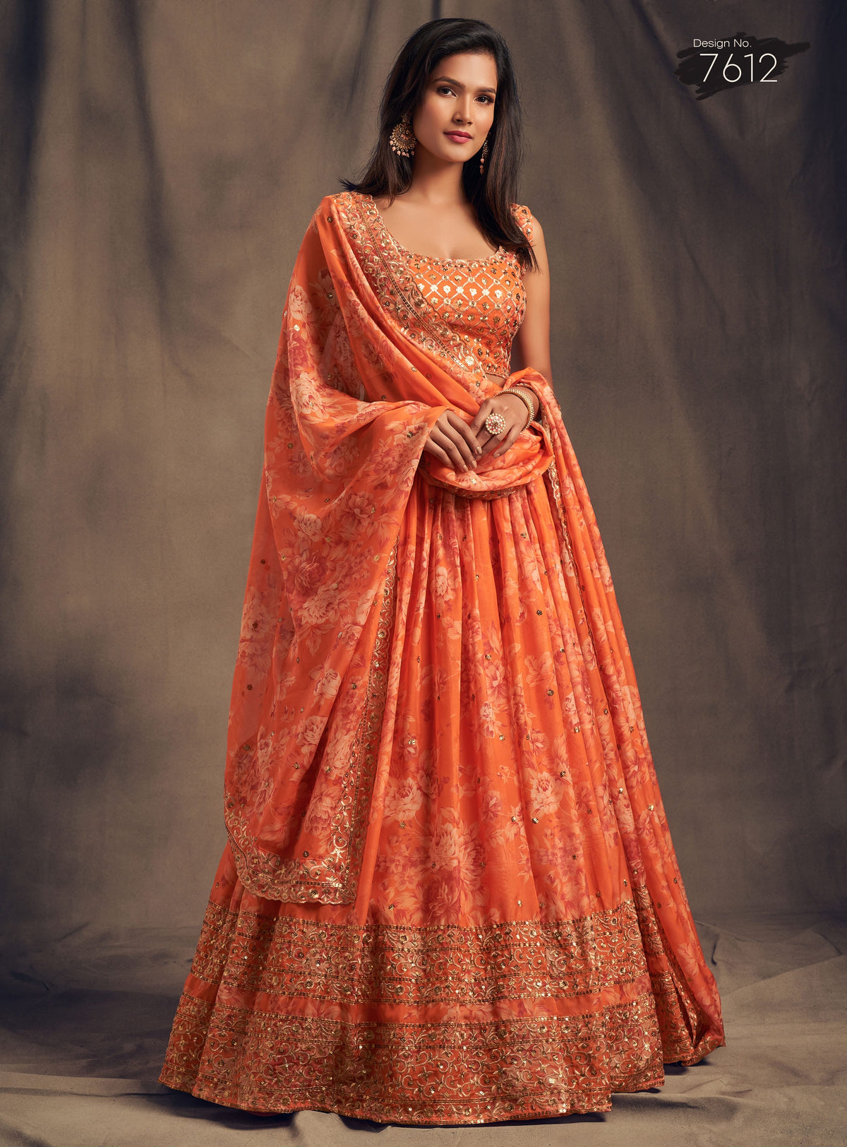 Orange Floral Lehenga Choli with Mirror and Zari Embroidery