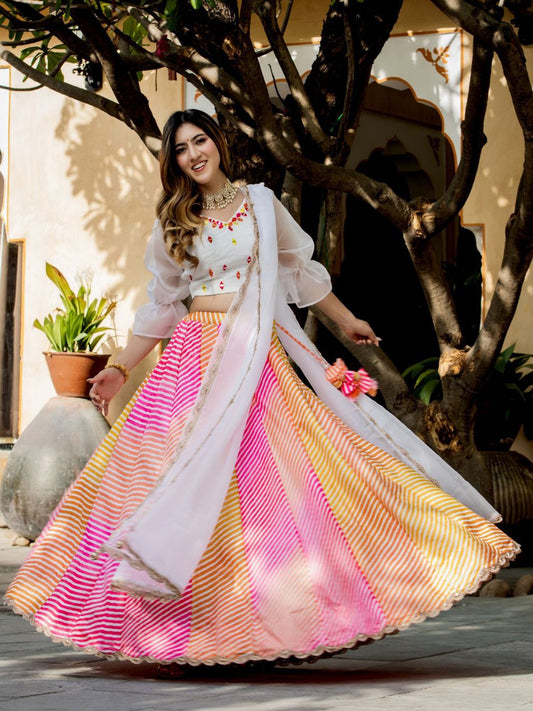 Multicolor Striped Lehenga with White Mirror Work Blouse